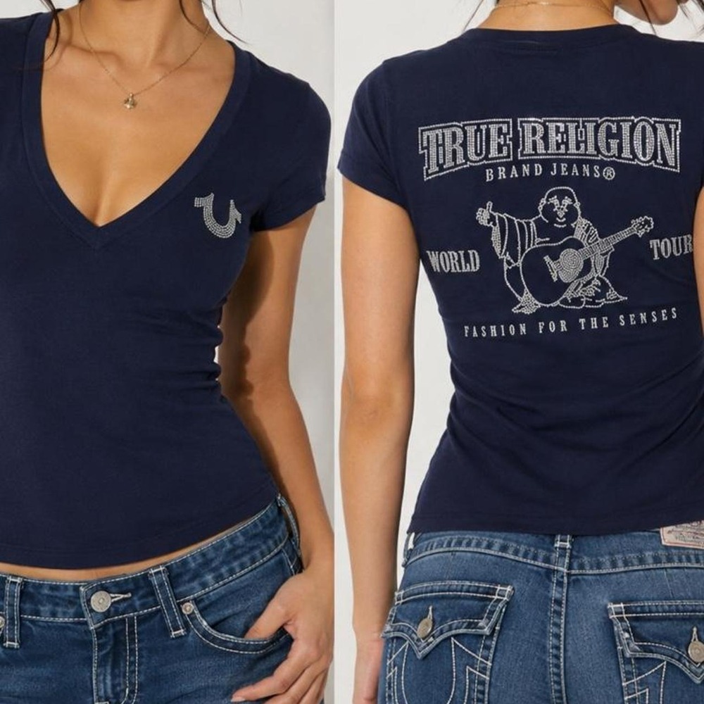 True Religion Classic Logo Deep V Neck Tee Navy Rhinestone Buddha Small Petite